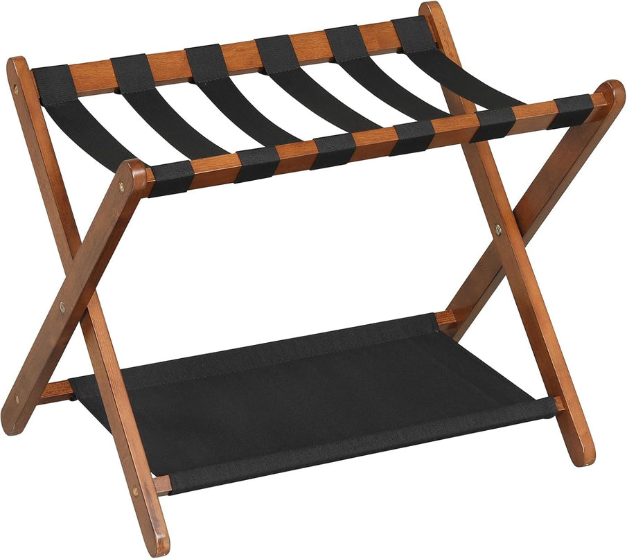 Giantex Folding Luggage Rack | Solid Rubber Wood Suitcase Stand with Storage Shelves (1/2)