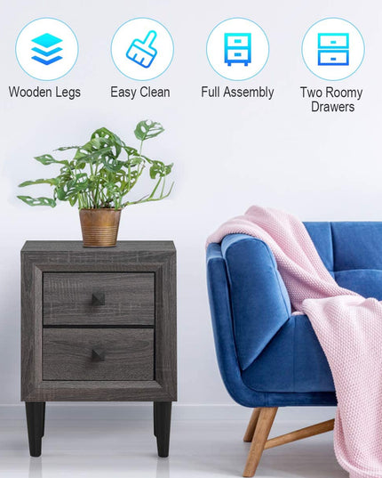 Nightstand Wooden W/Two Storage Drawers and Handles