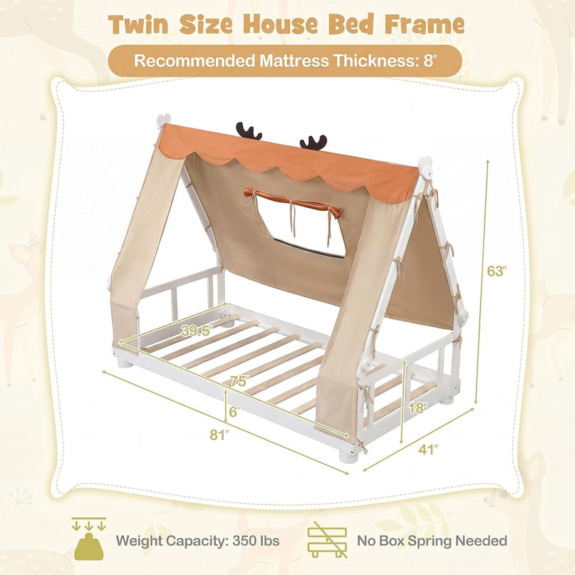 Giantex Twin Floor Bed for Kids, House Wood Bed Frame with Tent