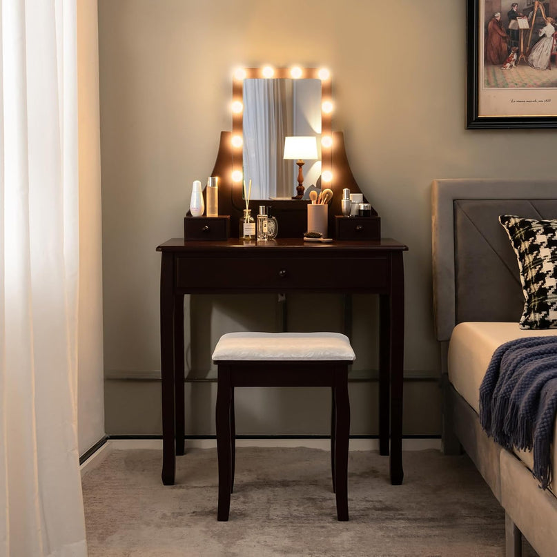 CHARMAID Makeup Vanity Desk with Lighted Mirror, 3 Color Lighting Modes, Adjustable Brightness, 3 Drawers