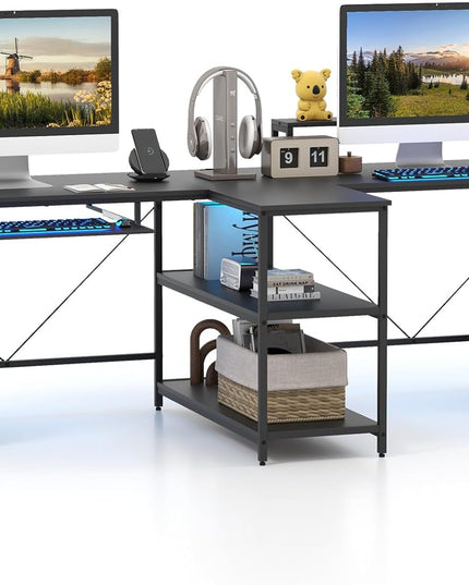 Giantex 94.5” 2 Person Desk with LED Lights, Long PC Study Desk with Storage Shelves, Power Outlets