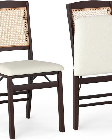 Giantex Rubber Wood Kitchen Chair w/Linen Padded Seat & Rattan Backrest No Assembly