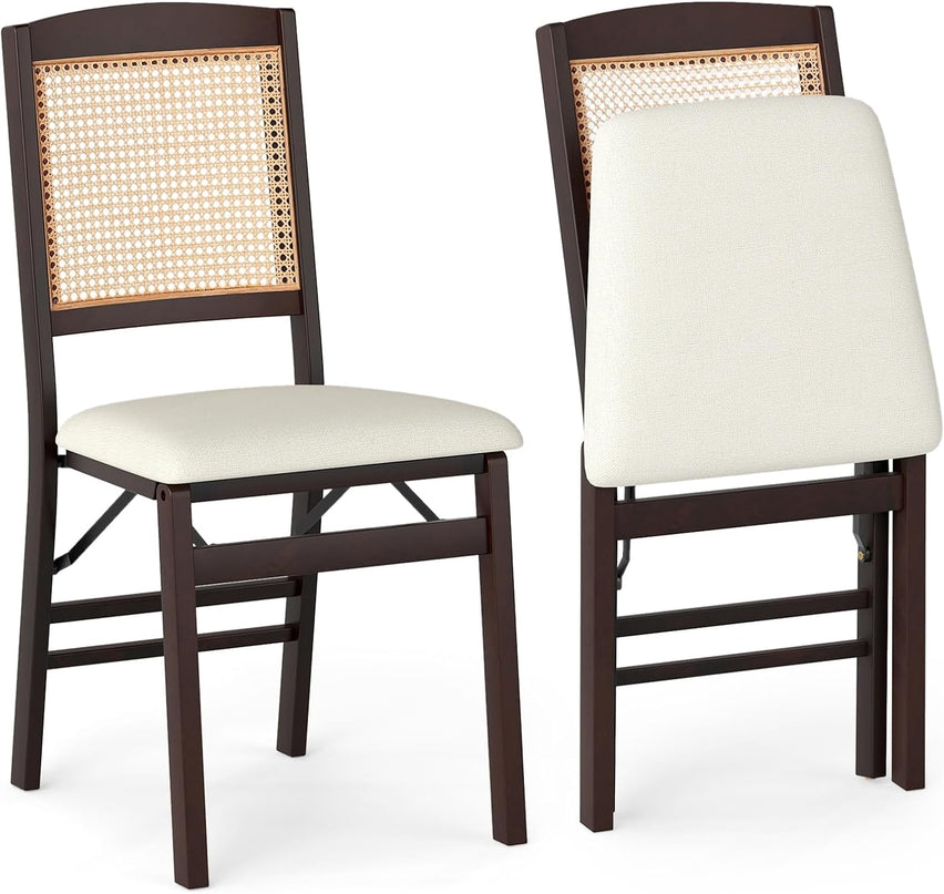 Giantex Rubber Wood Kitchen Chair w/Linen Padded Seat & Rattan Backrest No Assembly