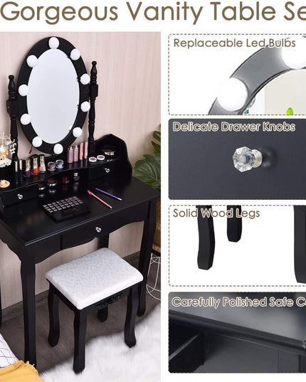 CHARMAID | Vanity Set with Lighted Oval Mirror, Makeup Dressing Table with 10 LED Dimmable Bulbs and 3 Drawers - Giantexus