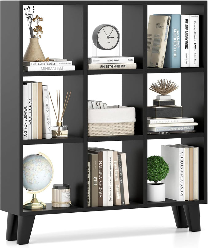 Giantex 9-Cube Open Bookcase, 3-Tier Freestanding Bookshelf with 4 Slanted Legs & 6 Removable Shelves