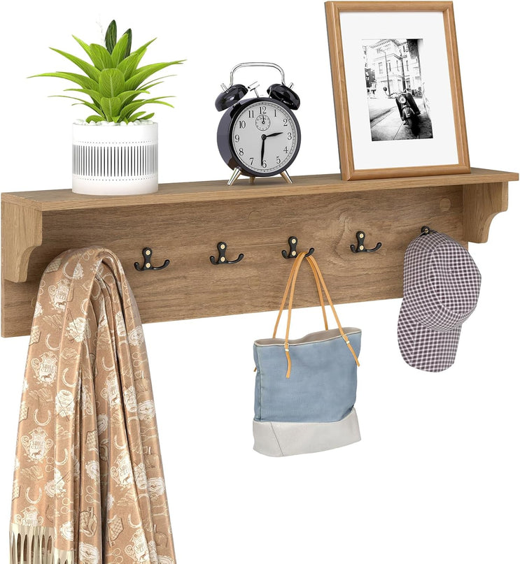 Giantex Wall Hooks with Shelf 31.5inch Wooden Coat Rack with 6 Hooks for Hats Towels Purses Robes