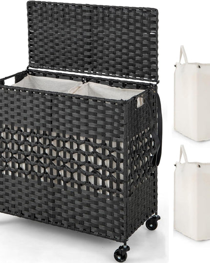 Panier à Linge Giantex avec Roues et Couvercle, Panier à Linge en Osier de 125L (33 Gal), 2 Sacs Intérieurs Amovibles