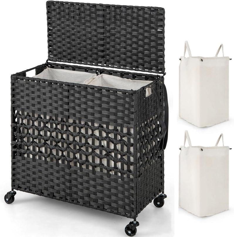 Giantex Laundry Hamper with Wheels and Lid, 33 Gal (125L) Wicker Laundry Basket, 2 Removable Liner Bags