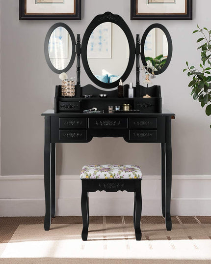 Vanity Set with Tri-Folding Mirror and Cushioned Stool - Giantex