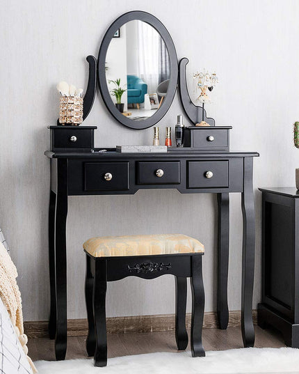 CHARMAID Vanity Table Set with Rotatable Oval Mirror (Black) - Giantexus