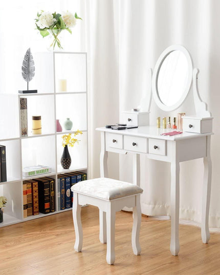 Vanity Set with Oval Mirror and 5 Drawers Girls Women Makeup Organizer Table, White - Giantexus