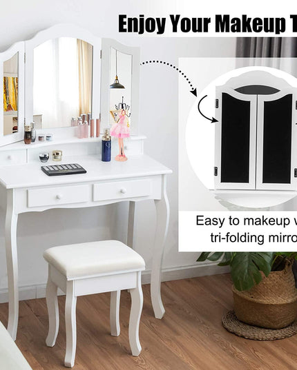 Vanity Table Set with Tri-Folding Mirror and 4 Drawers - Giantexus