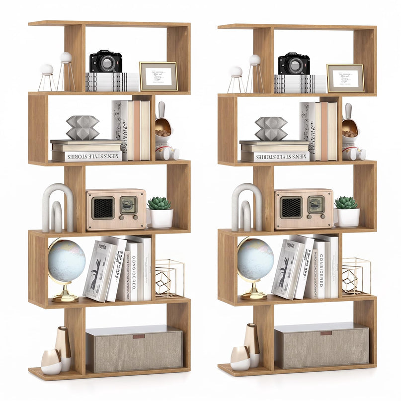 Giantex Étagère Géométrique 5 Niveaux, Bibliothèque en Bois en Forme de S de 158,75 cm de Haut avec Dispositif Anti-Basculement