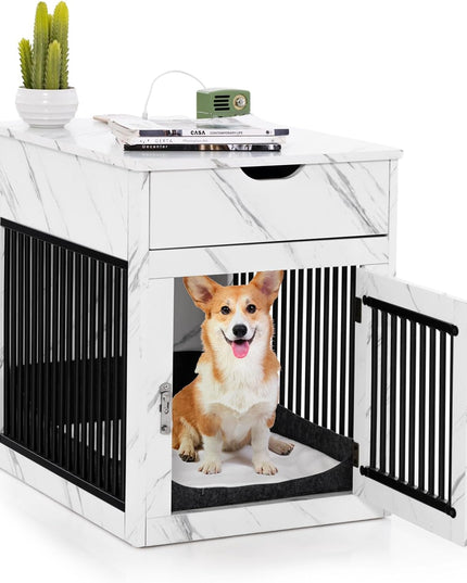 Giantex Dog Crate Furniture, Dog Kennel End Table with Chew-Proof Metal Fence, Lockable Door
