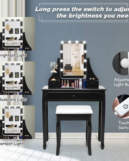 CHARMAID | Vanity Set with Lighted Mirror, Makeup Dressing Table with 10 LED Dimmable Bulbs, Touch Switch, 3 Drawers 2 Dividers - Giantexus