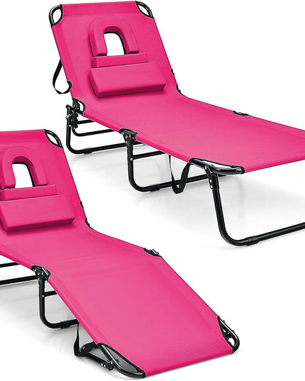 Giantex Folding Beach Tanning Chair - Adjustable Patio Lounge Chair w/Face Hole, Removable Pillows, Carry Strap