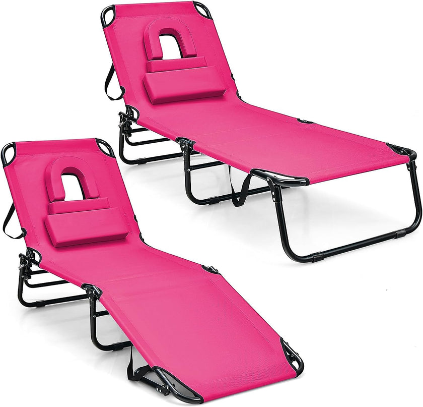 Giantex Folding Beach Tanning Chair - Adjustable Patio Lounge Chair w/Face Hole, Removable Pillows, Carry Strap