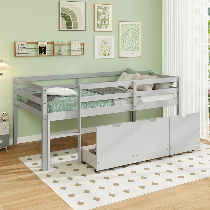 Giantex Twin Low Loft Bed with 3 Drawers, Wooden Loft Bed Frame with Ladder & Full-length Guardrails