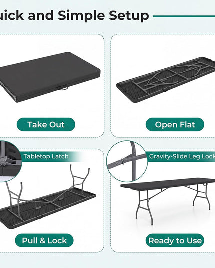 Giantex 8FT Folding Table eavy Duty Fold-in-Half Portable HDPE Plastic Table with Handle & Locks