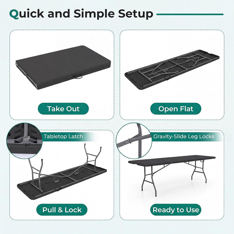 Giantex 8FT Folding Table eavy Duty Fold-in-Half Portable HDPE Plastic Table with Handle & Locks
