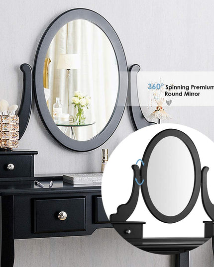CHARMAID Vanity Table Set with Rotatable Oval Mirror (Black) - Giantexus