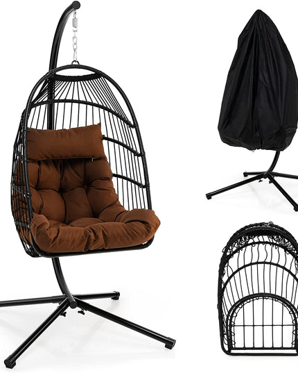 Giantex Egg Chair with Stand, Hanging Basket Chair Hammock Chair w/ Steel Stand Pillow Seat Cushion Rattan Basket & Dust Cover