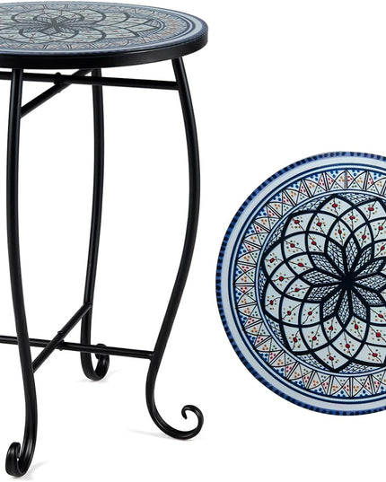 Giantex Outdoor Side Table, Blooming Lotus Mosaic Patio Accent Table