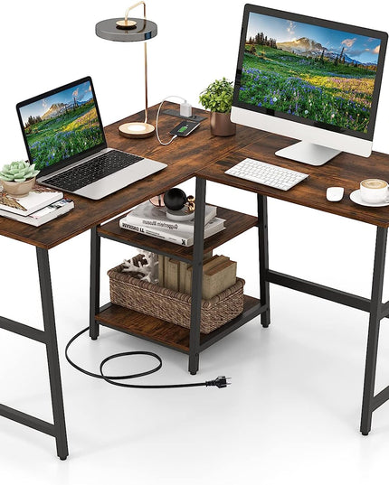 Giantex L Shaped Desk with Power Outlets & USB Ports, 48" Corner Gaming Desk with 2 Tier Storage Shelves