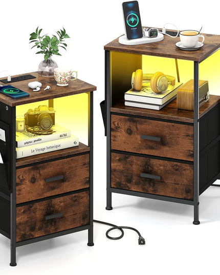 Table de chevet Giantex avec station de recharge | Table d'appoint de canapé à LED avec 2 tiroirs en tissu pliable