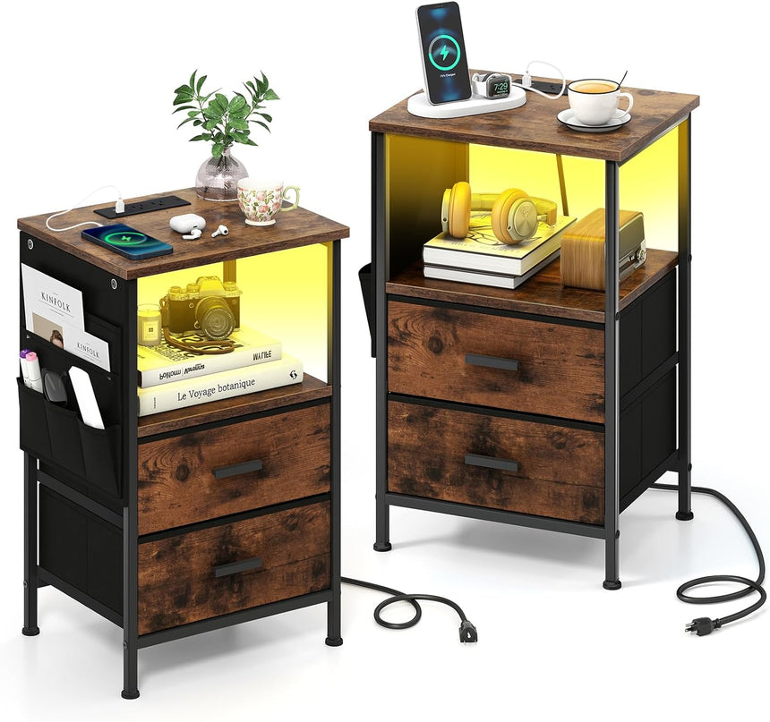 Table de chevet Giantex avec station de recharge | Table d'appoint de canapé à LED avec 2 tiroirs en tissu pliable