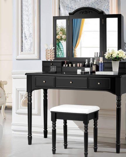 Vanity Set with Tri-Folding Mirror & 8 Necklace Hooks, 7 Drawers, 2 Dividers, 6 Desktop Makeup Organizers - Giantexus