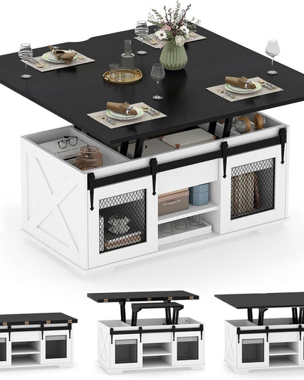 Table basse relevable de style rustique Giantex avec 2 portes coulissantes de grange et 3 compartiments de rangement cachés