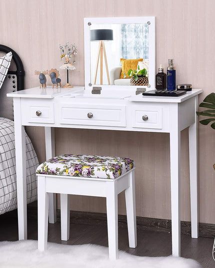 CHARMAID Vanity Set with Flip Top Mirror and 3 Drawers &7 Compartments, White - Giantexus