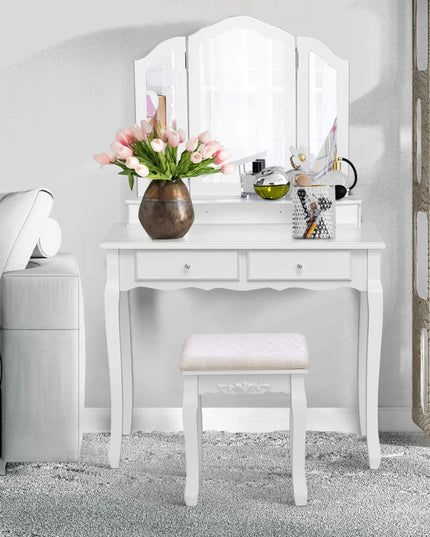 Vanity Set with Tri-Folding Mirror and 4 Drawers Makeup Dressing Table - Giantexus