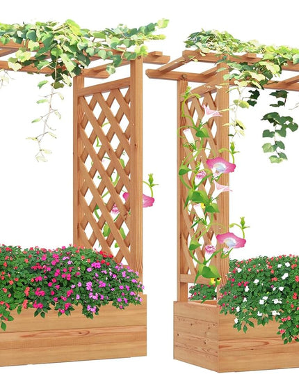 Giantex Raised Garden Bed with Trellis, Wood Planter Box with Roof & Side Trellis, Drain Holes