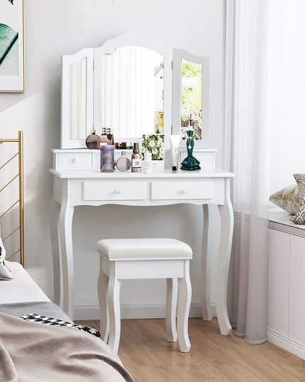 Vanity Table Set with Tri-Folding Mirror and 4 Drawers - Giantexus