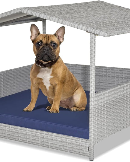 Giantex Wicker Dog House, Raised Rattan Dog Bed with Roof, Removable Cushion and Steel Frame