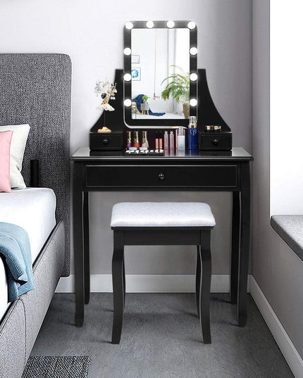 CHARMAID | Vanity Set with Lighted Mirror, Makeup Dressing Table with 10 LED Dimmable Bulbs, Touch Switch, 3 Drawers 2 Dividers - Giantexus