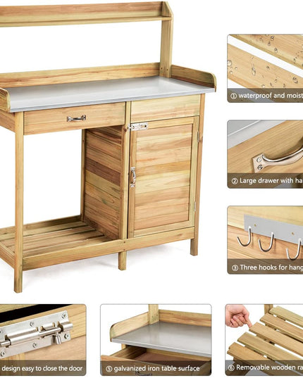 Potting Bench Table for Outside Natural Wood Garden Plant Lawn Patio Table