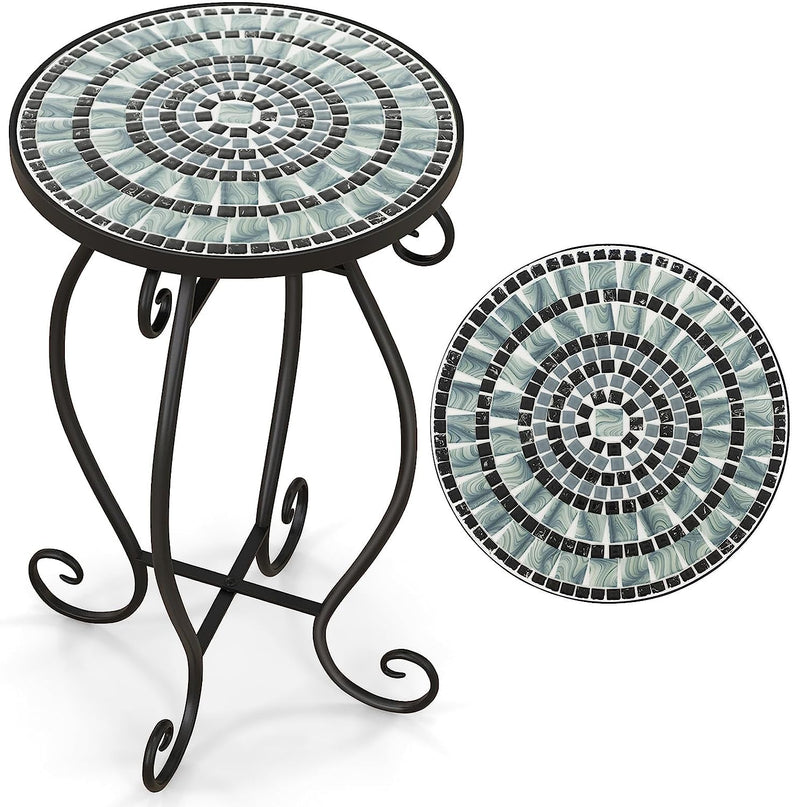 Giantex Folding Mosaic Patio Table, 14'' Outdoor Side Table Round Accent Table Plant Stand with Ceramic Tile Top