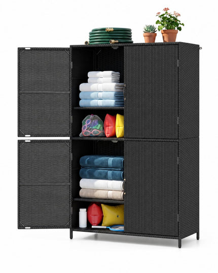 GIANTEX 4-Door PE Rattan Outdoor Storage Cabinet w/ Adjustable Shelves & Anti-Toppling Device