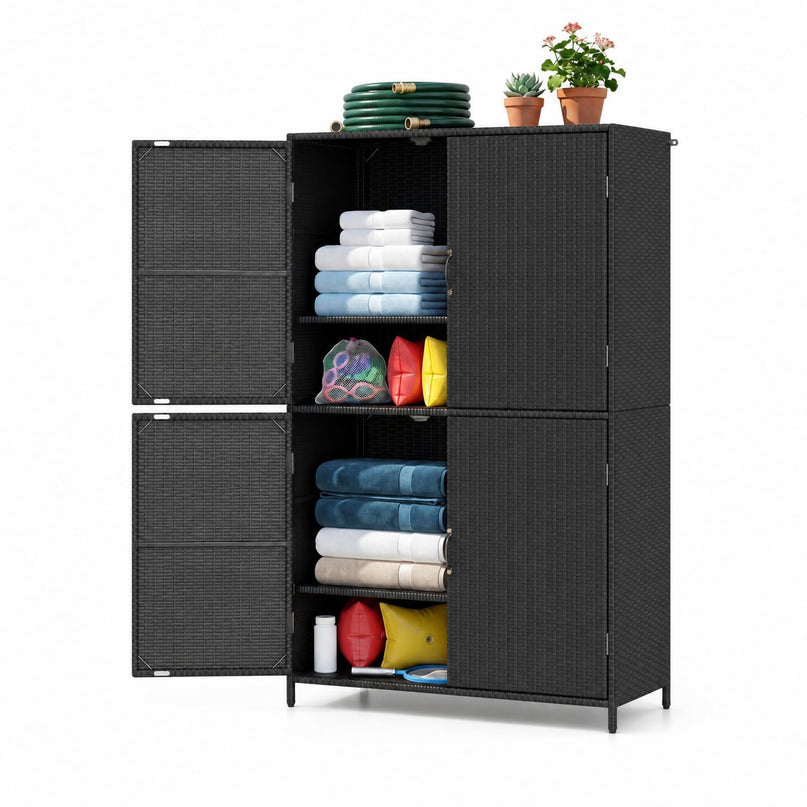 GIANTEX 4-Door PE Rattan Outdoor Storage Cabinet w/ Adjustable Shelves & Anti-Toppling Device
