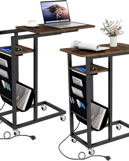 Giantex C Shaped End Table with Charging Station and Wheels