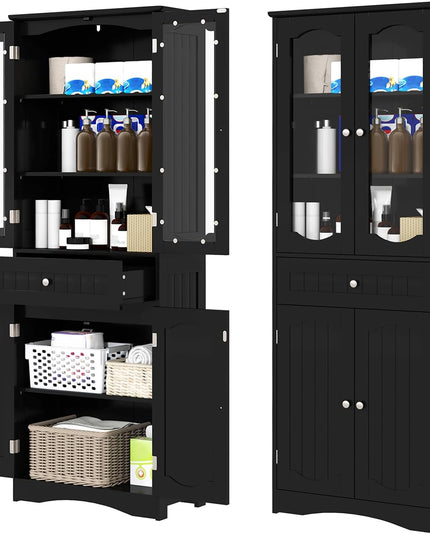 Giantex 63" Tall Bathroom Cabinet, Pantry Cabinet with Tempered Glass Doors, Adjustable Shelves & Large Drawer