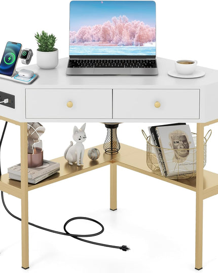 Giantex Corner Desk with Charging Station, 90 Degree Triangle Computer Desk with 2 Drawers & Storage Shelf