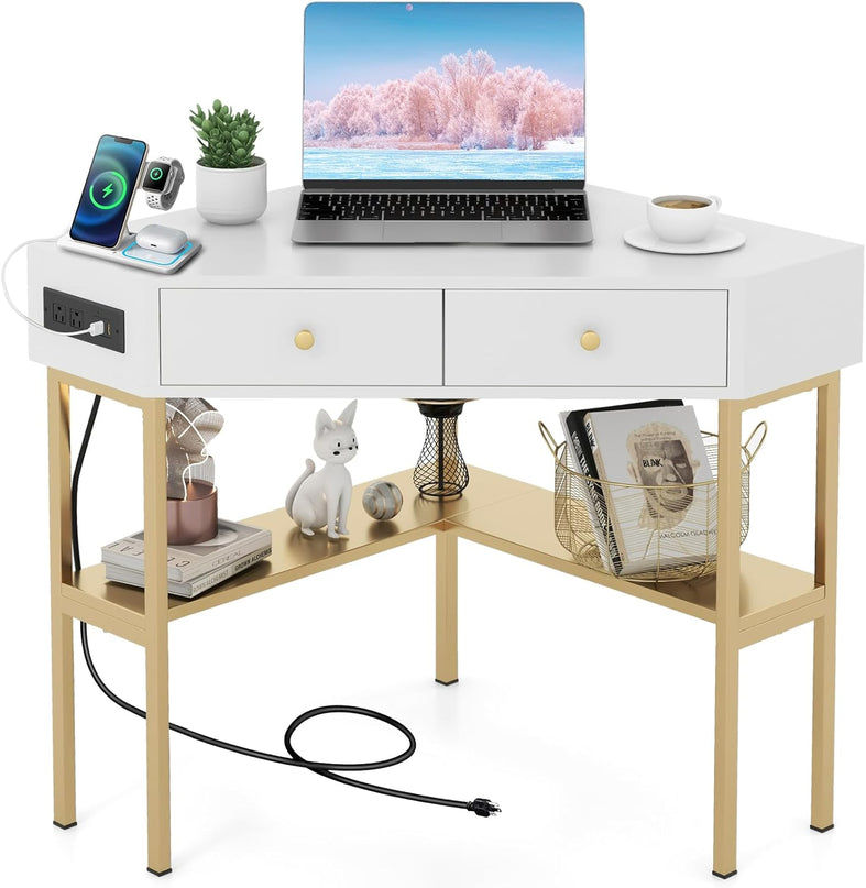 Giantex Corner Desk with Charging Station, 90 Degree Triangle Computer Desk with 2 Drawers & Storage Shelf