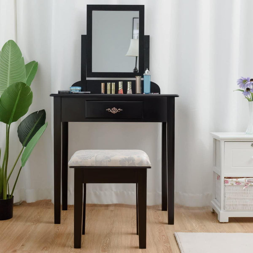 Vanity Dressing Table Stool Set Vanity Tables with Drawers, Black??1 Drawer????o? - Giantexus