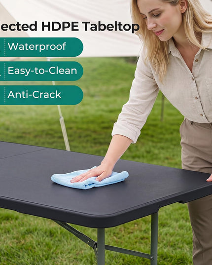 Giantex 8FT Folding Table eavy Duty Fold-in-Half Portable HDPE Plastic Table with Handle & Locks