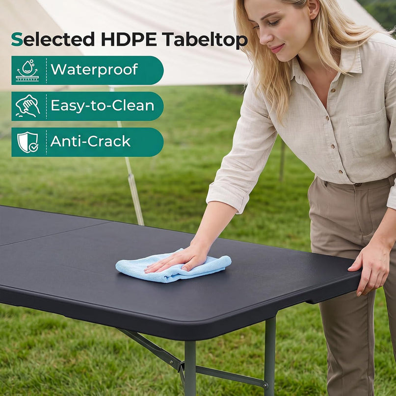 Giantex 8FT Folding Table eavy Duty Fold-in-Half Portable HDPE Plastic Table with Handle & Locks