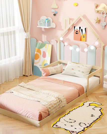 Giantex Twin Floor Bed for Kids, Wood Montessori Floor Bed with Chimney Headboard & Handrail